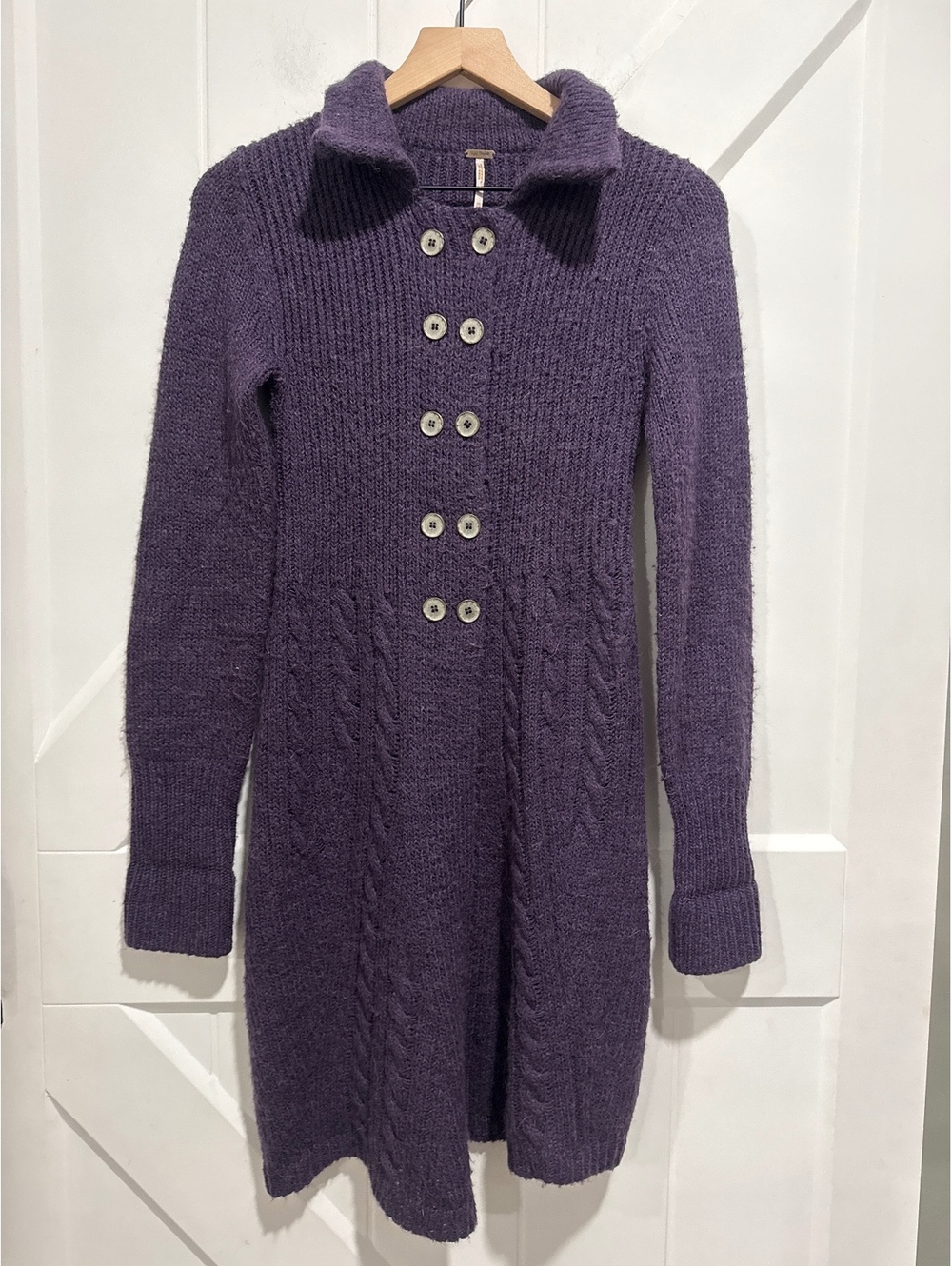 Free People Purple Wool & Alpaca Blend Long Button Cardigan Sweater Jacket, XS